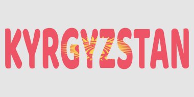 Kırgızistan 'da ulusal bayrak renklerine sahip metin tasarımı. Sarı güneşi kaplayan kalın kırmızı harfler, tunduk sembolü. Grafik çizimi Kırgız kimliğini, kültürünü, vatanseverliğini temsil ediyor. Tarafsız gri arkaplana karşı yaratıcı tipografi. Modern karşılaştırma