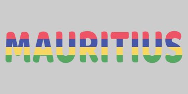 Görüntü, MAURITIUS sözcüğünü nötr gri bir arkaplana karşı kalın ve yuvarlak bir yazı tipiyle yansıtıyor. Harfler ulusal bayrağın kırmızı, mavi, sarı ve yeşil yatay çizgileriyle dolu. Bu yaratıcı tipografi canlı bir vatanseverlik olarak hizmet veriyor.