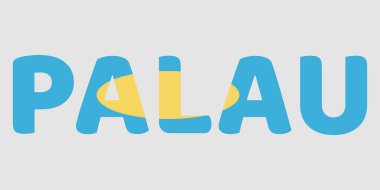 Görüntü, açık gri arkaplan üzerinde kalın ve yuvarlak bir yazı tipi ile PALAU sözcüğünü içerir. Her harf ulusal bayrağın açık mavi, sarı renkleriyle doludur, merkez dışı büyük disk de dahil. Bu yaratıcı tipografi temiz bir işlev görür.,