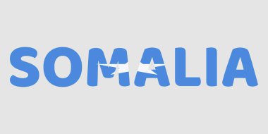 Büyük, kalın harfler açık gri arka planda SOMALIA kelimesini oluşturur. Her karakter açık mavi renkle, ulusal bayrağın merkezi beyaz yıldızıyla doludur. Bu yaratıcı tipografi Kont için temiz ve vatansever bir grafik tasarımı sunuyor.