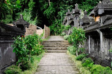 Taş döşenmiş bir yol Endonezya 'nın Bali kentindeki geleneksel bir Bali tapınağı kapısına çıkıyor. Taş duvarlar, yemyeşil tropikal bitkiler ve bambu çitlerle çevrili..