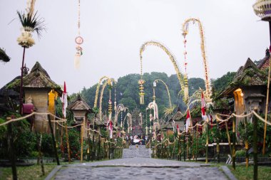 Endonezya 'nın Bali kentinde düzenlenen kültürel Galungan festivali sırasında geleneksel bir Bali Penglipuran köy yolu törensel penjor direkleri ve tapınak mimarisi ile dekore edilmiştir..
