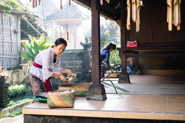 Balili kadınlar, tütsü dumanıyla çevrili Bali 'deki bir tapınakta, kültürel mirası ve ruhani bağlılığı vurgulayan törensel Hindu adakları hazırlıyorlar..