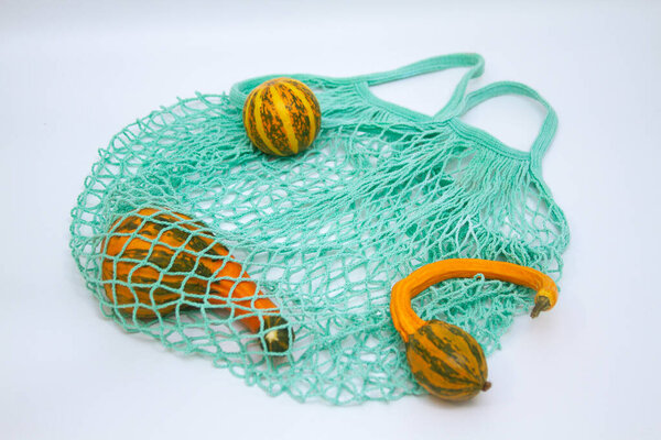 Decorative pumpkins in a mesh shopping bag
