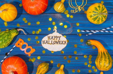 Çeşitli balkabakları, ahşap bir arka planda süslü küçük kıvrımlı sebzeler, 