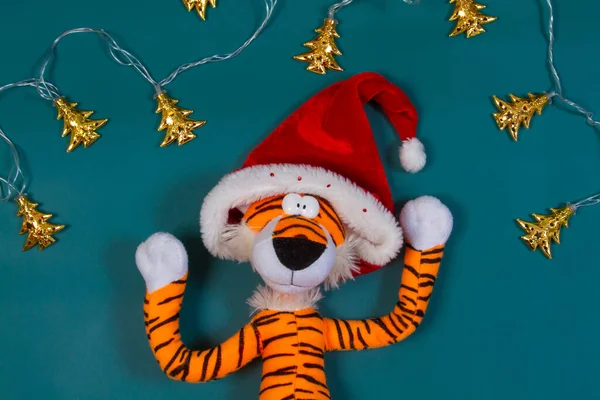 Ano Tigre 2022 Tigre Brinquedo Macio Chapéu Papai Noel Conceito — Fotografia de Stock