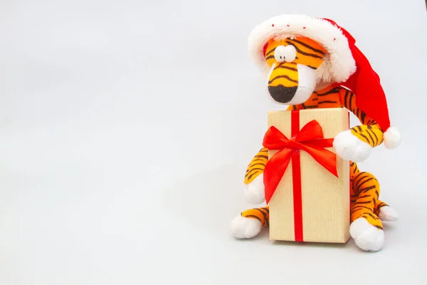 Ano Tigre 2022 Tigre Brinquedo Macio Chapéu Papai Noel Conceito — Fotografia de Stock