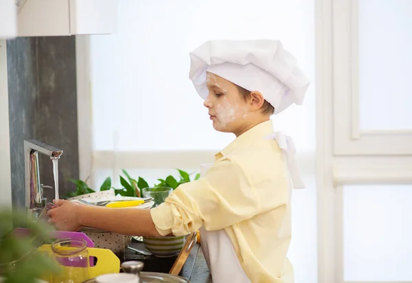 Little Cute Boy Dressed Cook Kitchen — Stock Photo, Image
