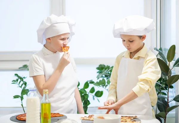Two Cute European Boys Dressed Cook Children Playing Kitchen — стоковое фото