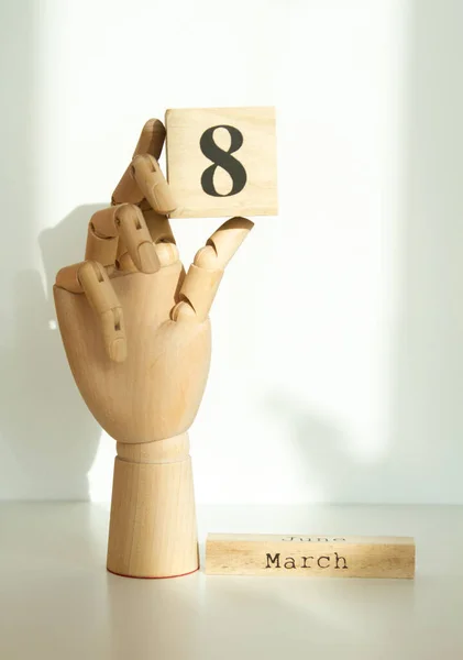 Wooden Cube Number Mannequin Hand March Women Day Mother Day — 스톡 사진