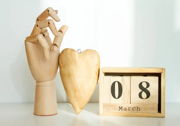 Wooden Cube Number Mannequin Hand March Women Day Mother Day — ストック写真