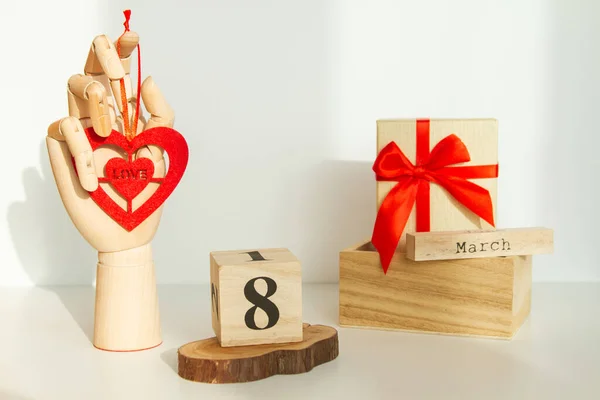 Wooden Cube Number Mannequin Hand March Women Day Mother Day — ストック写真