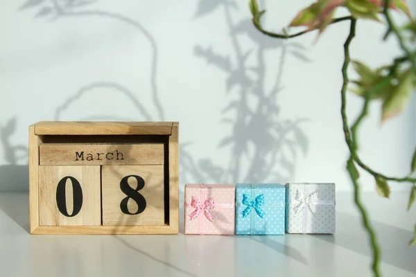 Cube Bois Avec Nombre Cadeaux Mars Fête Des Femmes Fête — Photo