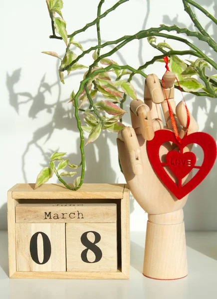 Wooden Cube Number Mannequin Hand March Women Day Mother Day — Φωτογραφία Αρχείου