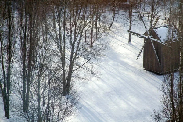 Aerial View Village Winter Roof Small House Covered Snow January — Stock Photo, Image