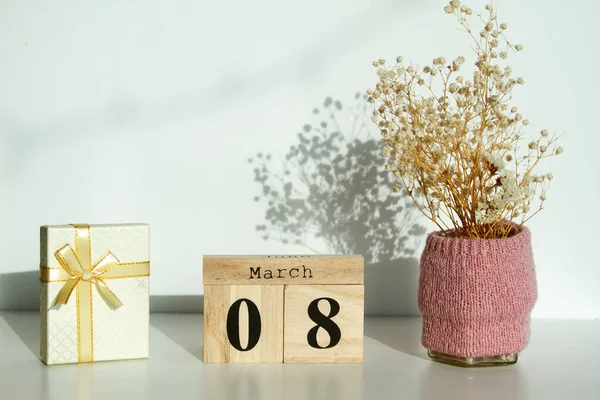 Wooden Cube Number Flowers March Women Day Mother Day — Stockfoto