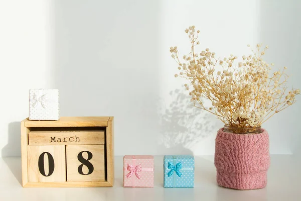 Calendario Madera Con Fecha Marzo Día Mujer Concepto Vacaciones Hermoso —  Fotos de Stock