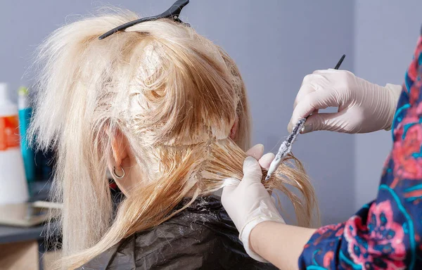 Hair coloring in a light tone, a young European woman dyes her hair in a salon, hairdresser work, beauty salon.