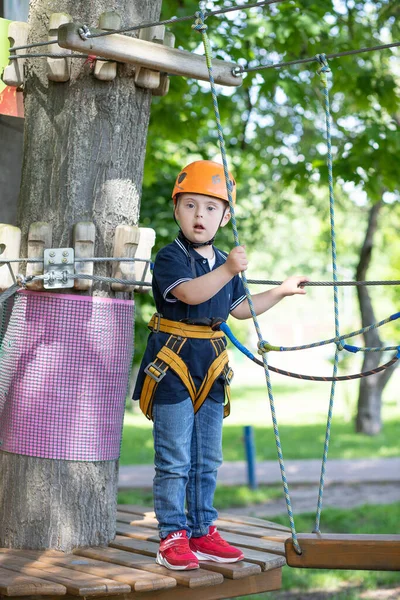 Happy Boy Syndrome Orange Helmet Goes Difficult Sports Task Disabled — Stock Photo, Image