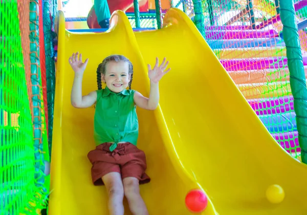 Cute Girl Plays Play Area Background — Stock Photo, Image