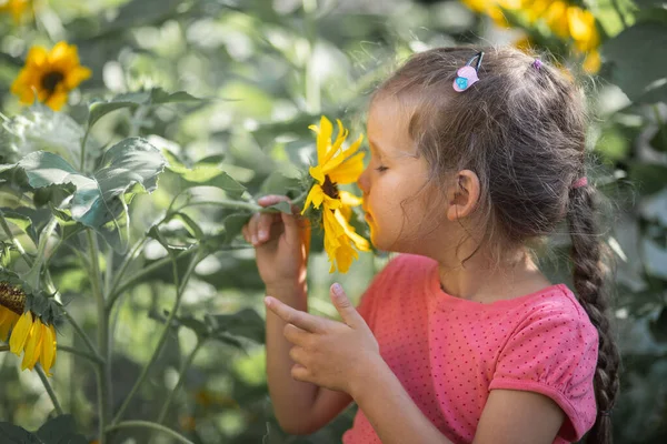 快乐的小女孩穿着粉红的T恤衫站在向日葵间 田野里鲜亮的黄色花朵 大自然的概念 — 图库照片