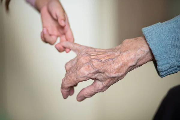 Hands Child Hands Grandmother Old Brownish Skin Elderly Woman Motherly — Stock Photo, Image