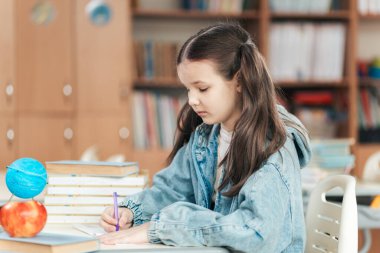 Liseli bir kız masasında oturup işine odaklanmış. Etrafı kitaplarla çevrili, konsantre bir şekilde yazıyor, parlak sınıfında bir keşiften zevk alıyor..