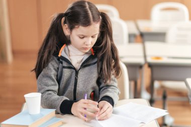 Öğrenci bir kız masasında oturup derslerine odaklanmış. Defterine, yanında kitaplarla, yanında bir kupayla çocukluk öğrenme ve keşfetme ruhunu somutlaştıran şeyler yazıyor..