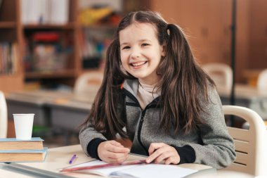 Parlak bir sınıfta, uzun saçlı neşeli bir liseli kız masasında çalışırken gülümsüyor, etrafı kitaplar ve öğrenme materyalleriyle çevrili. Atmosfer canlı ve neşeli..