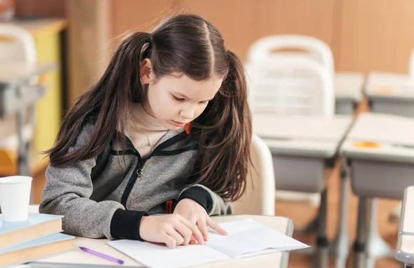 Uzun saçlı, kendini işine adamış bir öğrenci masasında ders çalışıyor ve defterini karıştırıyor. Sınıf parlak ve huzurlu, eğitim yılı boyunca öğrenmek ve büyümek için mükemmel..
