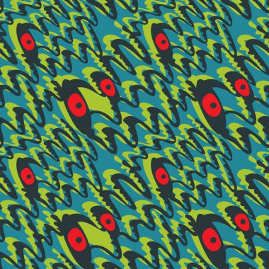 Dalgalı elementleri ve gözleri olan koyu soyut, pürüzsüz desen.