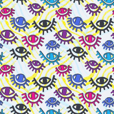 Kusursuz arkaplan, soyut tekrar elle çizilmiş gözler ve grunge dalga çizgileri  