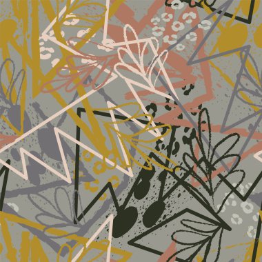  Eğimli grunge çizgileri ve yaprakları ile kusursuz soyut egzotik desen