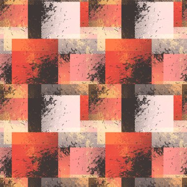  Renkli kareler ve grunge noktalarıyla soyut geometrik kusursuz desen. Moda dokuları. Poster, kapak, kumaş ve diğer kullanıcılar için modern soyut tasarım