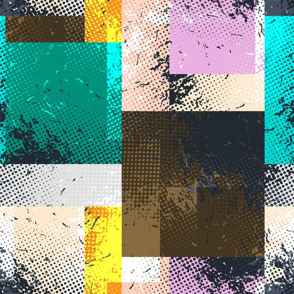  Renkli kareler ve grunge noktalarıyla soyut geometrik kusursuz desen. Moda dokuları. Poster, kapak, kumaş ve diğer kullanıcılar için modern soyut tasarım