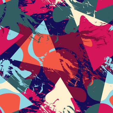  Renkli şekilleri, grunge noktaları ve üçgenleri olan kusursuz soyut şehir deseni