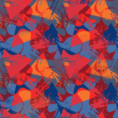  Renkli şekilleri, grunge noktaları ve üçgenleri olan kusursuz soyut şehir deseni