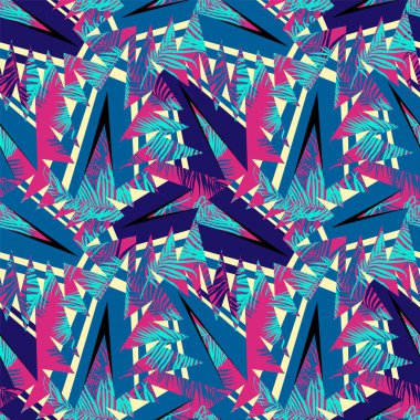  Geometri elementleri ve palmiye yapraklarıyla egzotik, pürüzsüz soyut desen