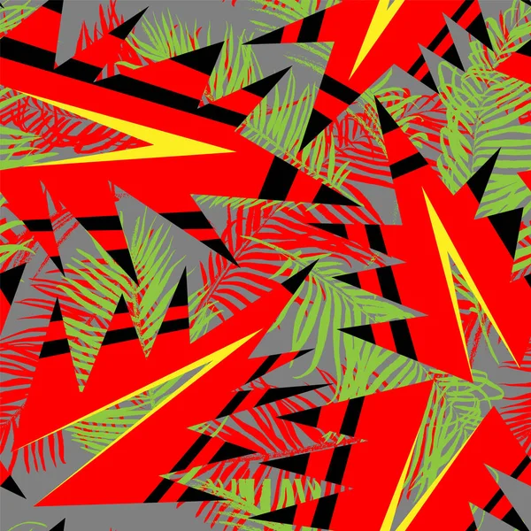 Exotische Nahtlose Abstrakte Muster Mit Geometrieelementen Und Palmblättern — Stockvektor