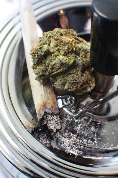 Kenevir Dalı Kül Tablasında Esrar Marihuanayı Yasallaştırma Tıbbi Kenevir Uyuşturucu — Stok fotoğraf