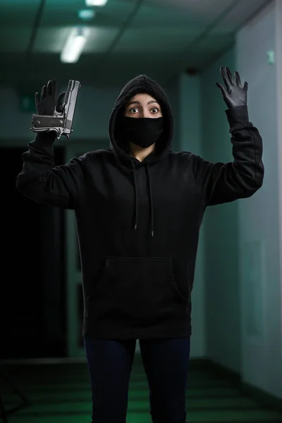 Thief Broke Apartment House Robbery Woman Black Jacket Black Mask — Stock Photo, Image