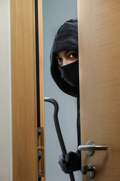 Thief Broke Apartment House Robbery Woman Black Jacket Black Mask Stock Picture