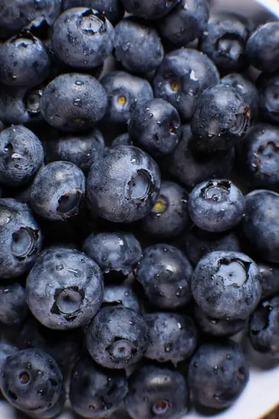 Blueberries Close Plate Fresh Blueberries Water Drops Macro — Stock Photo, Image