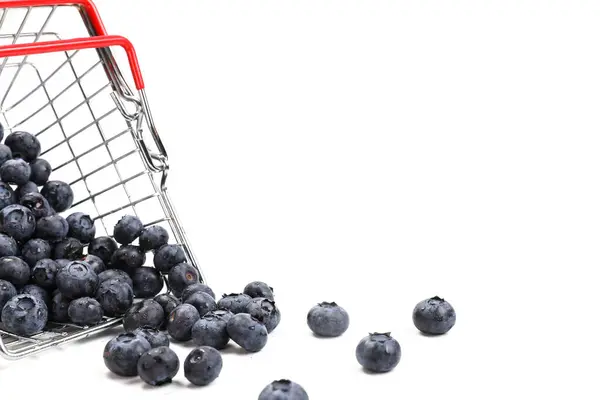 Fresh Blueberries Falling Metal Shopping Box Isolated White Background — Stock Photo, Image