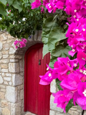 Bougainvillea Eski Bir Veritabanı 'nın Kırmızı Kapısı, Ege Mimarisi. Yüksek kalite fotoğraf
