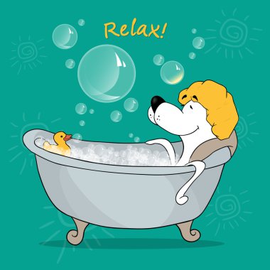 Köpek bir rahatlatıcı banyo alır. Olumlu motive edici kartı. Vektör çizim karikatür köpek.