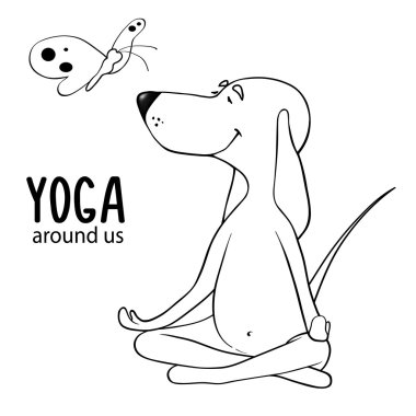Yoga her yerdedir. Lotus pozisyonda oturan ve bir kelebek seyir karikatür pozitif köpek. Beyaz bir arka plan üzerinde izole kontur çizim