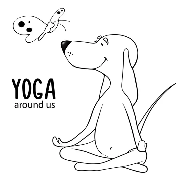 Lo yoga è tutto intorno a noi. Cartone animato cane positivo seduto nella posizione loto e guardando una farfalla. Disegno di contorno isolato su sfondo bianco — Vettoriale Stock