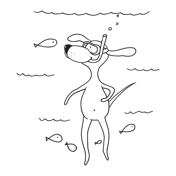 Funny cartoon dog is engaged in diving. illustration of scuba diving among the fish. Vector. Black outlines isolated on white background — Stock Vector