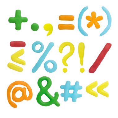 Multicolored plasticine punctuation. Volumetric symbols. Handmad clipart